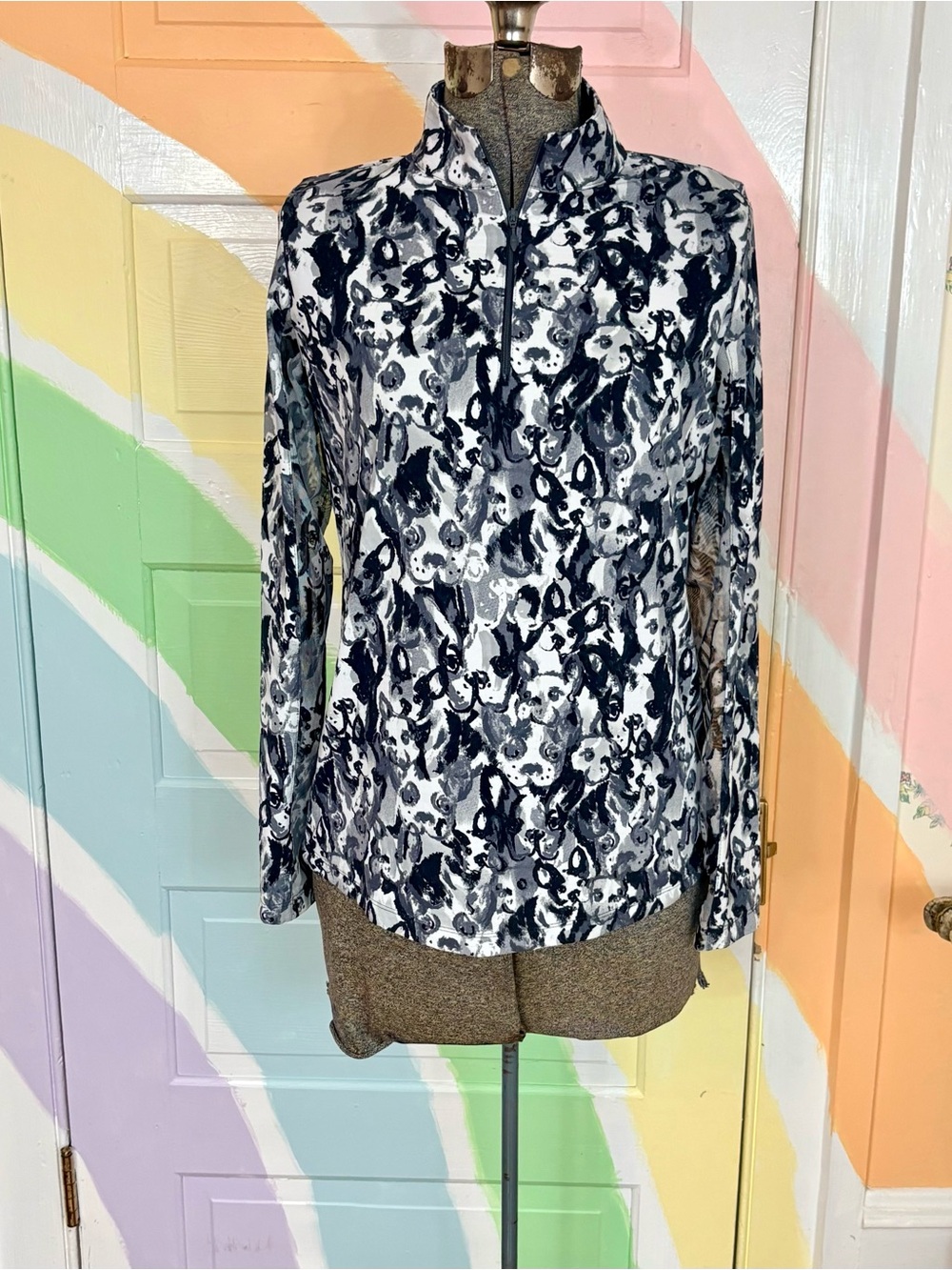 💥IBKUL UPF 50+ Abstract Floral 1/4 Zip Golf Tennis Top Black White S💚